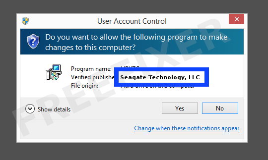 Screenshot where Seagate Technology, LLC appears as the verified publisher in the UAC dialog